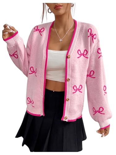 Image of MakeMeChic Women's Bow V Neck Button Up Cardigan Sweaters Long Sleeve Cute Outerwear Pink Small