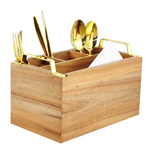 Spiretro Acacia Wood Flatware Caddy - 4 Compartment Silverware Utensil Holder with Golden Metal Handles - 10" W x 6" D x 6.5" H, 2 lbs