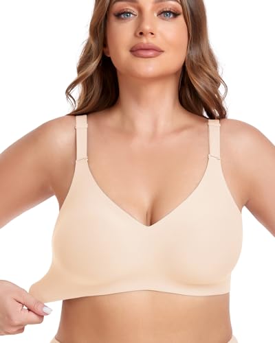 Quttlzze V Neck Wireless Bras for Women No Underwire Lightly Lift Womens Bras Soft Comfort Seamless Bralettes Skin,M