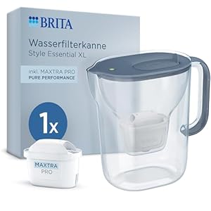 BRITA Wasserfilter Kanne Style Essential XL steinblau (3,6L) inkl. 1x MAXTRA PRO Pure Performance - große Filterkanne mit Smart Light LED & Klapp-Deckel, filtert Verunreinigungen & mehr