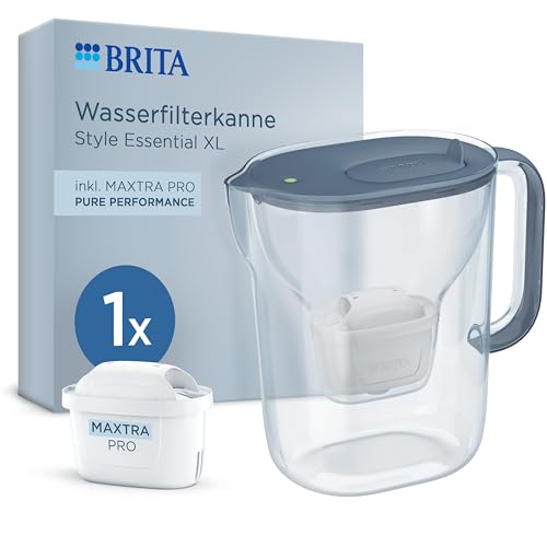 BRITA Wasserfilter Kanne Style Essential XL steinblau (3,6L) inkl. 1x MAXTRA PRO Pure Performance - große Filterkanne mit Smart Light LED & Klapp-Deckel, filtert Verunreinigungen & mehr