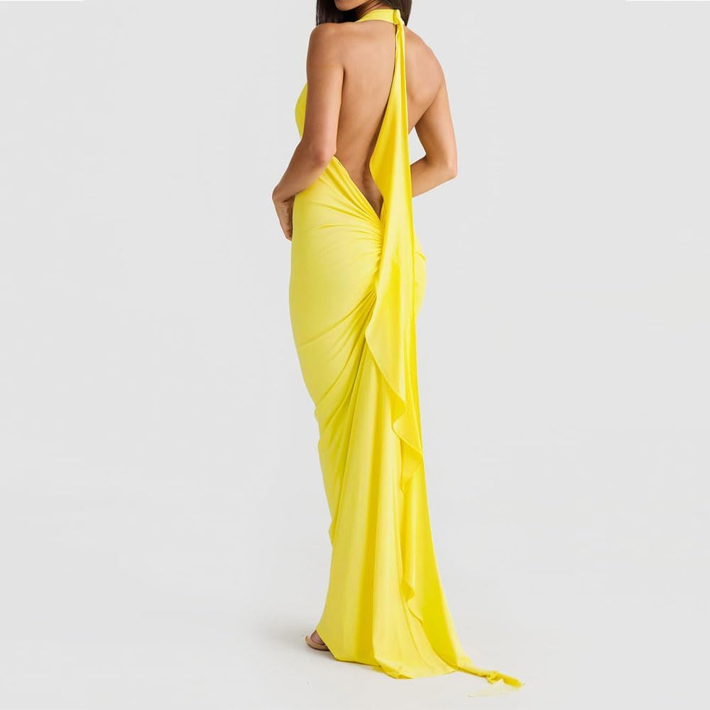 Women Sexy Backless Dress Halter Deep V Neck Detachable Flower Sleeveless Open Back Maxi Dress Cocktail Prom Formal Dresses - Image 7