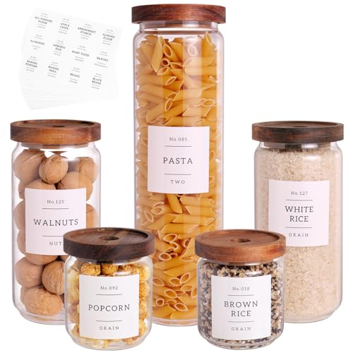 5 Set Glass Pantry Storage Jars with Acacia Airtight Lid - Thicken Glass Kitchen Canisters with 132 Pantry Labels - Clear Glass Food Storage Containers with Wood Lid for Tea,Sugar,Candy,Cookie,Pasta