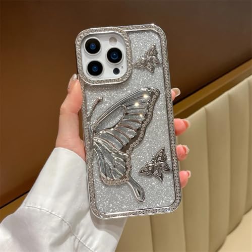 Coque iPhone 16 strass dégradés papillons pailletés transparente argent