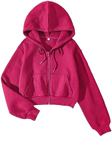LOFAAC Women Fleece Full Zip Up Cropped Hoodie Sweatshirt 90s Long Sleeve Drawstring Hooded Crop Jacket Top(L,US,Women,Rose)
