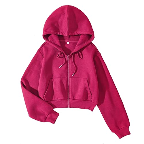 Lofaac Women Fleece Full Zip Up Cropped Hoodie Sweatshirt 90S Long Sleeve Drawstring Hooded Crop Jacket Top(L,Us,Women,Rose) #TOP2