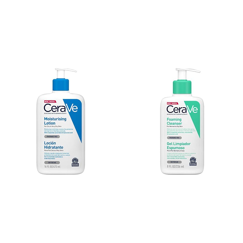 CeraVe Loción Hidratante de Rostro y Cuerpo para Piel Seca con Ácido Hialurónico 473ml + Gel Limpiador Espumoso Diario para Piel Mixta, Grasa o con Acné 236ml