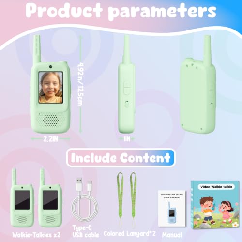Image of Video Walkie Talkies for Kids, 2 Pack Rechargeable Handheld Video Intercom Kids Walkies Talkies, Indoor Outdoor Toys for Family Games, Outside, Camping, Hiking for Boys Girls Ages 3-12 (Green)