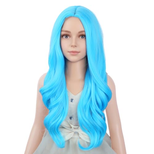 Image of PATTNIUM Light Blue Long Curly Wigs for Kids Girls Blue Middle Part Heat Resistant Synthetic Wigs Halloween Cosplay Costume Party Wig
