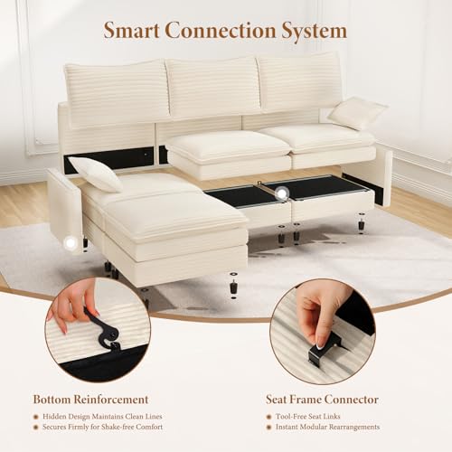 Image of Vesgantti Large Modular Sectional Sofa, Big Comfy Cloud Couch with Ottoman Deep Seat Corduroy Cloud Sofa, 8 Seater Large Sectional Couches for Living Room, Bedroom and Apartment, Beige