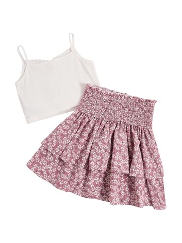 Image of RoseSeek Girl's 2 Piece Outfits Lace Ruched Camisole Tops and Shirred High Waisted Layered Floral Skirts Set