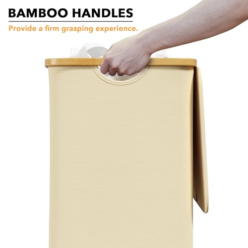 SpaceAid Laundry Hamper with Lid, 110L Large Tall Clothes Basket Bin with Bamboo Handles, Collapsible Laundry Hamper for Bedroom, Bathroom, Dorm, Laundry Room - Beige
