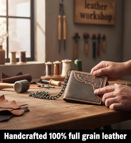 Image of F&L CLASSIC RFID Blocking Mens bi-fold Style Cowhide Leather Steel Chain Wallet, brown western style,texas 83
