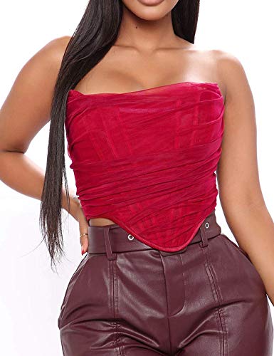 L'vow Women's Strapless Boned Mesh Overbust Bustier Corset Zip Back Crop Top (Red, Medium) #TOP1