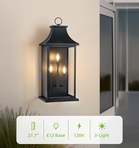 Image of 28'' Extra Large Outdoor Wall Sconce 3-Light Black Exterior Wall Lights