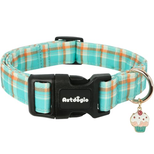 Astdogio Dog Collar with Blue Green Striped Checkered for Spring Summer, Adjustable Cotton Puppy Collar for Small Medium Large Girl Boy Dogs-S