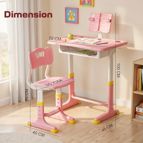 Image of BAYBEE Study Table with Chair for Kids 2+ Years Boys & Girls | 3 Level Height Adjustable Baby Desk Table Set | Ergonomic Kids Table Desk Chair with Book Storage, Tablet, Pen & Bottle Holder (Pink)