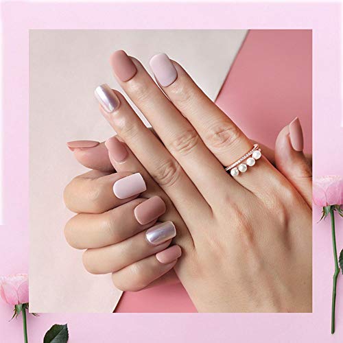 False Nails Press-on Kit 30pcs - Diynail Full Cover Pre-glued Matte Scale Light Color, Plus 6 Mirror Accents Soft Fake Nails for Women (Matte Scale Light)