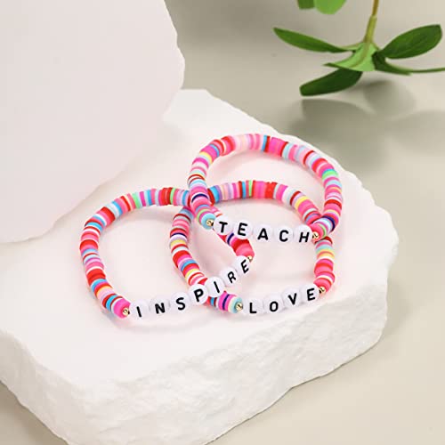 Handmade Teacher Appreciation Stackable Bracelets Colorful Solf Clay Love Teach Inspire Letter Beaded Adjustable Bracelets Sweet Teacher Gifts for Women - Image 4