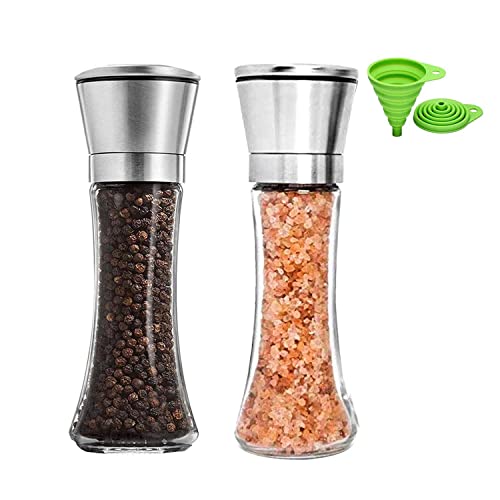 Hwagui - Premium Salt And Pepper Grinders Set Of 2, Pepper Grinder, Pepper Mill, Salt Grinder, Tall Salt And Pepper Shakers Set With Funnel