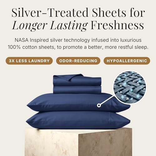 Image of Miracle Made Breathable Cotton Bed Sheets, 4-Piece Set - Silver-Treated, Soft and Cool-to-the-Touch Lightweight Bedding Designed for Hot Sleepers - Queen Size, Navy Blue