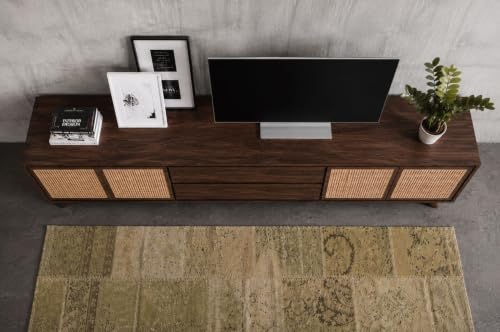 Image of Space Galaxy Solid Sheesham Wood Rattan TV Unit for Living Room | Cane Entertainment TV Stand with 4 Door Cabinet & 2 Drawers Storage |TV Cabinet Furniture for Home Walnut Finish (Size:-80x15x24 inch)