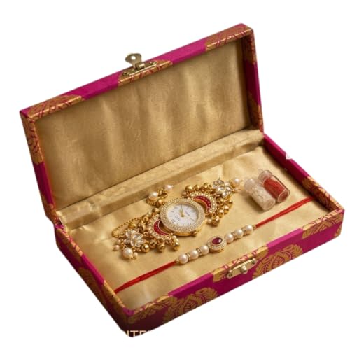 Image of Designer Set for Brother with Analog Wrist Watch, Matching, Rudraksha Evil Eye Rakhi, Roli Chawal & Gift Box | Raksha Bandhan Gift Hamper