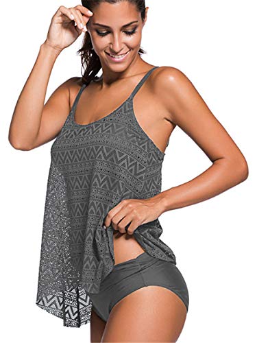 Qianmome Womens Layered Lace Mesh Swimsuit Solid Ruched Tankini Bathing Suit3