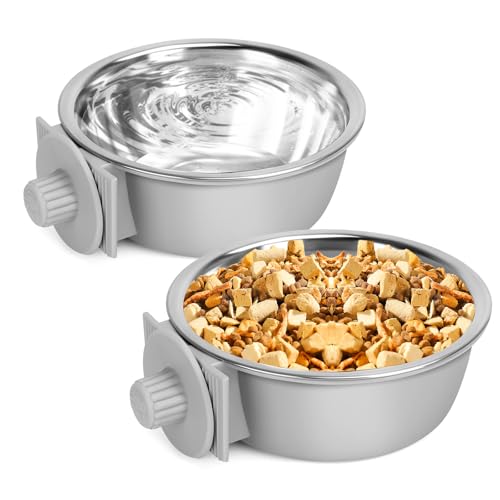 2 Pcs Crate Dog Bowl, Removable Stainless Steel Pet Kennel Hanging Food Water Feeder Bowl Set Non-Spill Cage Feeder for Puppy Small Medium Dog Cat Rabbit Ferret Bird