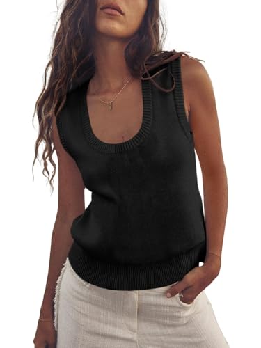 Image of Saodimallsu Women's Ribbed Knit Sweater Vest | Fashion U Neck,Pullover, Boho,Casual Knit,Beach Vacation Outfits