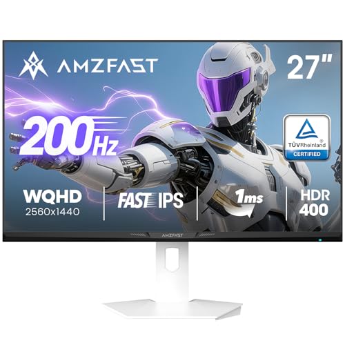 Amzfast 27 inch 1440P 200Hz/180Hz White Gaming Monitor, 2K QHD (2560 ×1440),MPRT 1ms Fast IPS | HDR400 & TÜV Rheinland Eye Care & 12 Months Exchange (HDMI & DP Cable)
