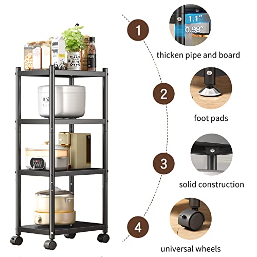 Pxrack Storage Shelves With Rolling Wheels, Adjustable 4 Tier Metal Shelving Unit For Storage Heavy Duty, Small Storage Rack Shelf For Corner Of The Kitchen Bathroom Living Room Garage Office, Black #TOP4