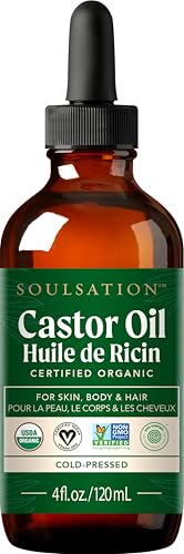 SOULSATION Organic Castor Oil 100% Pure (4oz) - For Eyelashes, Eyebrows, Face, Hair & Skin - Cold Pressed Unrefined Glass Bottle