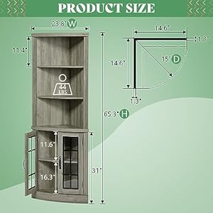 AMERLIFE Curved Corner Storage Cabinet, 65" Tall Freestanding Bookcase with Glass Doors & Adjustable Shelves, 5-Tier Corner Display Cabinet for Living Room, Bathroom, Laundry Room, Washed Grey AMERLIFE Curved Corner Storage Cabinet 65 Tall Freestanding Bookcase with Glass Doors Adjustable Shelves 5 Tier Corner Display Cabinet for Living Room Bathroom Laundry Room Washed Grey