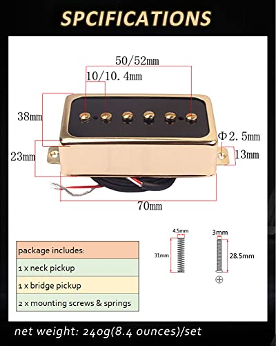 Lamsam P90 Tone Pickups Set, Humbucker-Sized Single Coil Neck Pick-Up And Bridge Pick Up Loaded Rubber Magnets, As Replacement Parts For Standard-Humbucker Sized Pickup On Electric Guitar, Black Gold #TOP5