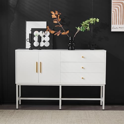 FAYICIC Aparador con dos puertas y tres cajones, asas doradas en diferentes diseños y patas de metal, tamaño: B120/W32/H80, color blanco