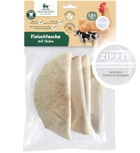 Knuffelwuff 4X große Fleischtaschen (ca. 80 g) | Leckere Hühnerbrust und Rinderrohhaut: Belohnen Sie Ihren Hund mit gesundem Kauen für Starke Kaumuskeln | wiederverschiessbar | für alle Hunderassen