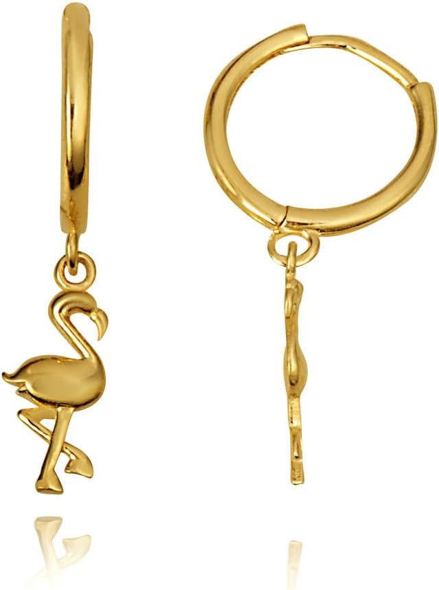 Flamingo Tropical Bird Hoop Dangle Earrings Real Solid 14K Yellow Gold