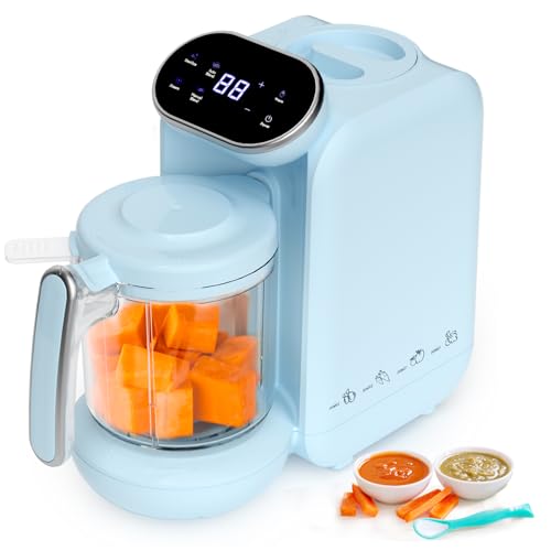 Baby Food Maker, 5-in-1 baby food processor, Multifunctional Baby Puree Maker, Smart Control Steamer Grinder with Food Pouches, Auto Cooking & Grinding, baby blender, Blue