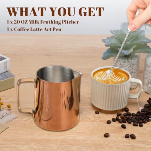 Image of Amrules Milk Frothing Pitcher 20oz Frother Cup Barista Tools, Rose Gold