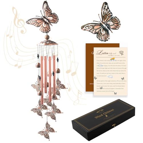 Wind Chimes for Outside, 33" Butterfly Wind Chimes Outdoor, Birthday Gifts for Women Mom Sister, Gift for Garden Porch Patio Home Decor (Golden)