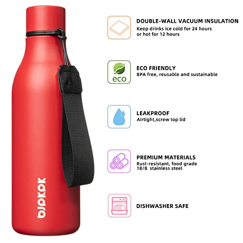 Image of BJPKPK Insulated Water Bottles, 18 oz Stainless Steel Metal Water Bottle with Strap, BPA Free Leak Proof Jugs, Mugs, Flasks, Reusable Thermal Flasks for Sports & Travel, Red