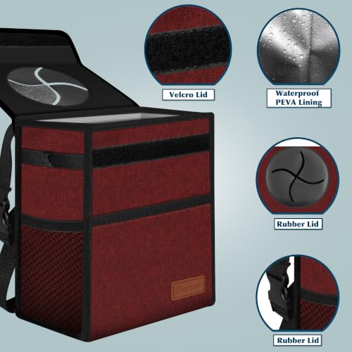 Image of Femuar Leak Proof Car Trash Can with Lid, Collapsible Hanging Waterproof Car Trash Bag with Mesh Pocket for SUV Front Seat Headrest, Burgundy