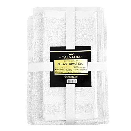 Talvania Bath Towel Set - Luxury Hotel Bath Towels 100% Ring Spun Cotton 8 Piece Towel Set; 2 Bath Towels, 2 Hand Towels and 4 Washcloths Perfect for Bathrooms, Guest Room, Spa or Hotels (White)