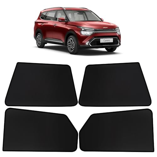 Image of OTO2EYE Car Sun Shade Compatible for Kia Carens Model 2022 Till Now, Z-Black Fix Type Side Window Curtains, Only Half Cut in Front Window, 6 Pieces Set