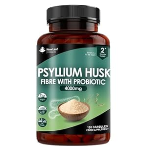 Fibre Supplement 4000mg Psyllium Husk With Probiotic Acidophilus – High Strength – Natural Soluble Fiber Supplement From Plantago Ovata Seeds, 120 Psyllium Husks capsules Vegan, Made in UK by New Leaf