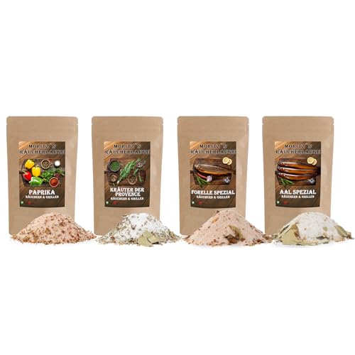 Moritz`s Räucherlauge Set Forelle, Aal, Kräuter der Provence, Paprika 2400g Räucherlake Räuchern Grillen Smoker Fischgewürz für Fisch, Fleisch, Käse und mehr
