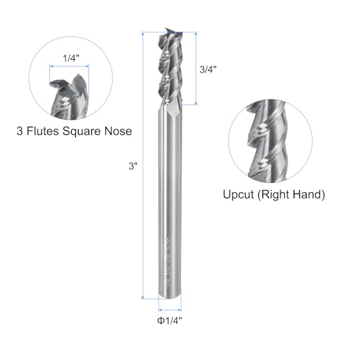 Image of uxcell Carbide Square End Mill, 1 /4 inch Dia 3 Flutes Milling Bit Cutter, for Aluminum Copper Non-Ferrous Metal, 1 /4 inch Shank 3 /4 inch Cut Length 3 inch Extra Long