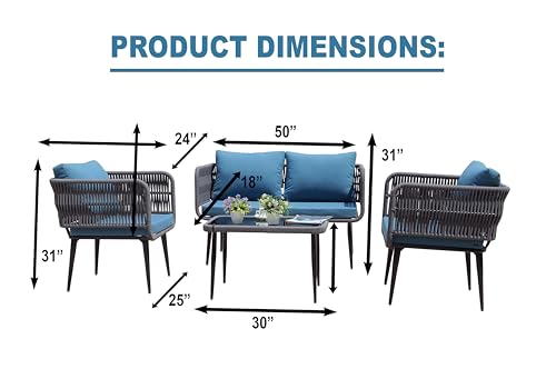 Image of LOCCUS 4-Piece Rope Sofa Set - Outdoor & Indoor Patio Furniture with Waterproof Cushions, Powder-Coated Iron Frame & Glass Top Table for Garden, Balcony [Grey & Blue]