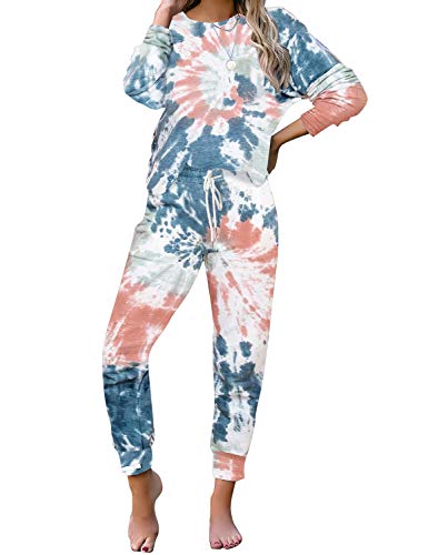 luvamia Women's Tie Dye Printed Pajama Sets Long Sleeve Tops and Pants Long PJ Sets Joggers Loungewear Sleepwear Nightwear Navy Small